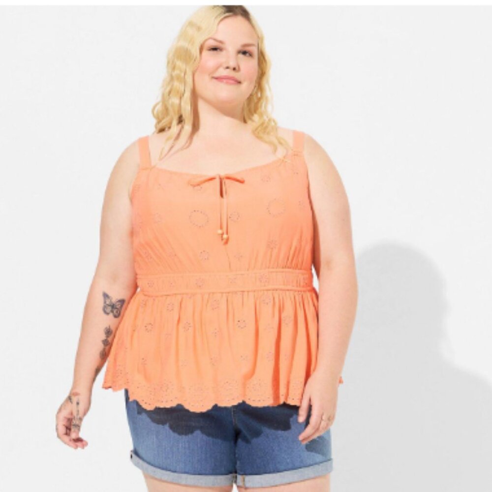 NWT Torrid Eyelet Tie Front Boho Tank Top Papaya Punch Peach Orange 1X 14 16